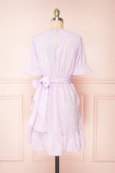 Stevette Lilac Short Faux-Wrap Dress w/ Ruffles | Boutique 1861 back view