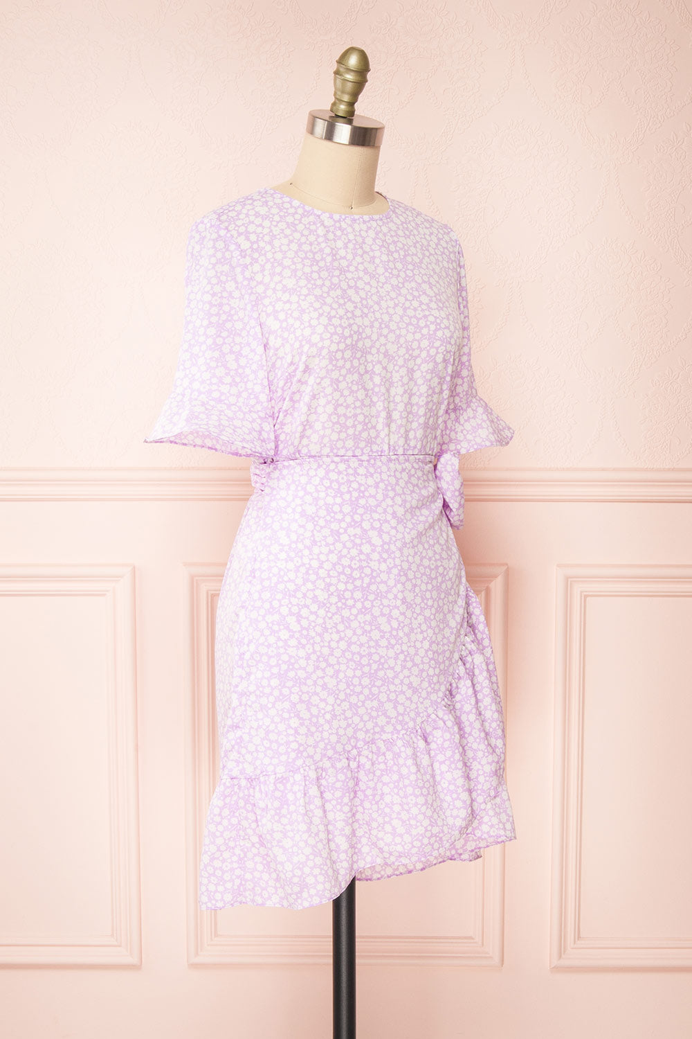 Stevette Lilac Short Faux-Wrap Dress w/ Ruffles | Boutique 1861 sid eview