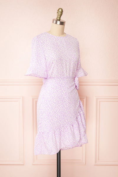 Stevette Lilac Short Faux-Wrap Dress w/ Ruffles | Boutique 1861 sid eview