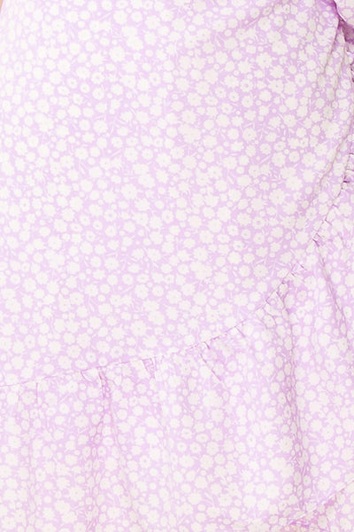 Stevette Lilac Short Faux-Wrap Dress w/ Ruffles | Boutique 1861 texture