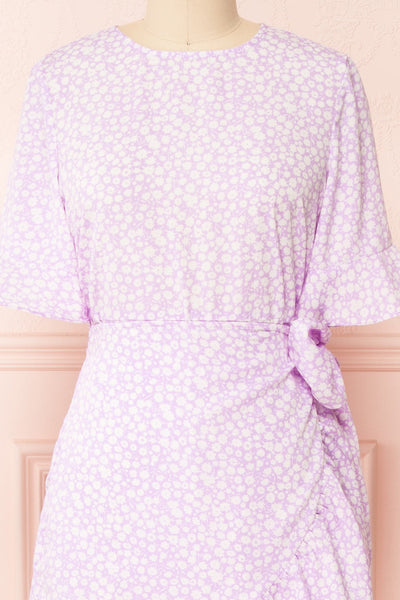 Stevette Lilac Short Faux-Wrap Dress w/ Ruffles | Boutique 1861 front close-up