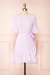 Stevette Lilac Short Faux-Wrap Dress w/ Ruffles | Boutique 1861 front view
