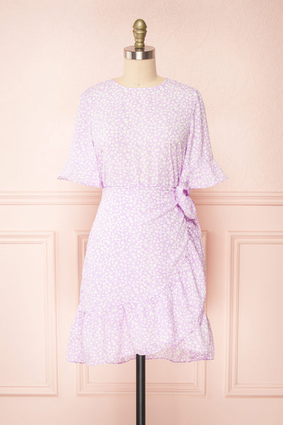 Stevette Lilac Short Faux-Wrap Dress w/ Ruffles | Boutique 1861 front view