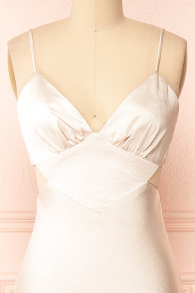 Stevie Champagne Open-back Satin Midi Dress | Boutique 1861 front close-up