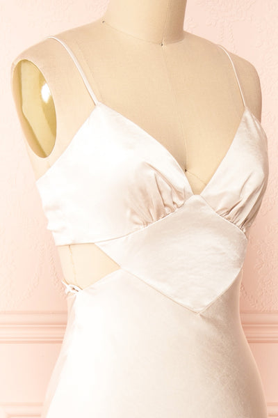 Stevie Champagne Open-back Satin Midi Dress | Boutique 1861 side close-up