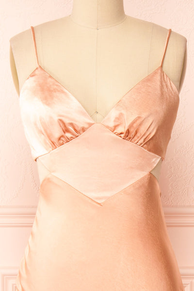 Stevie Pink Open-back Satin Midi Dress | Boutique 1861 front close-up