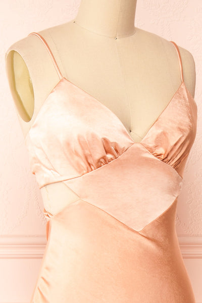 Stevie Pink Open-back Satin Midi Dress | Boutique 1861 side close-up