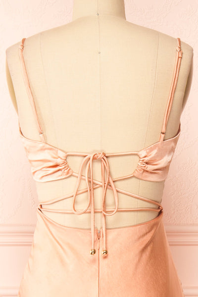 Stevie Pink Open-back Satin Midi Dress | Boutique 1861 back close-up