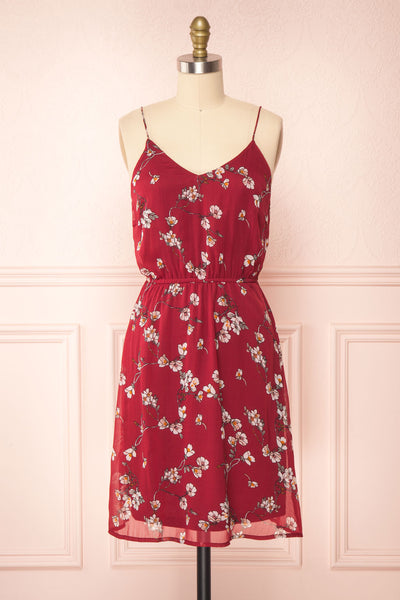 Stine Burgundy Short Floral Dress w/ Thin Straps | Boutique 1861 front view