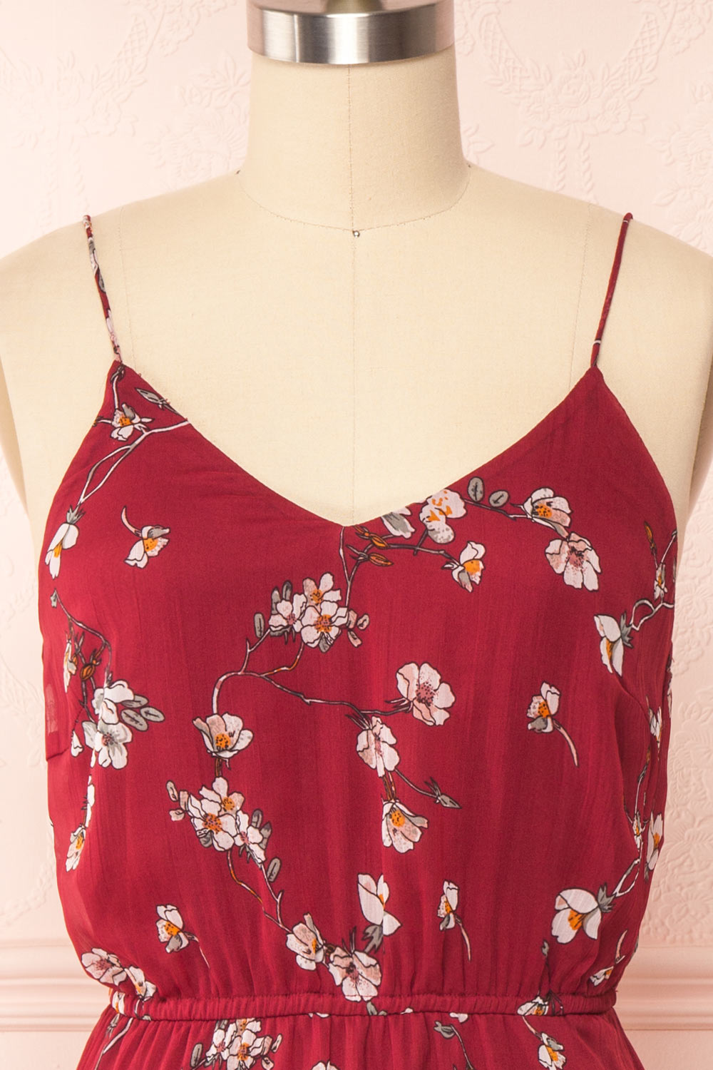 Stine Burgundy Short Floral Dress w/ Thin Straps | Boutique 1861 front close up