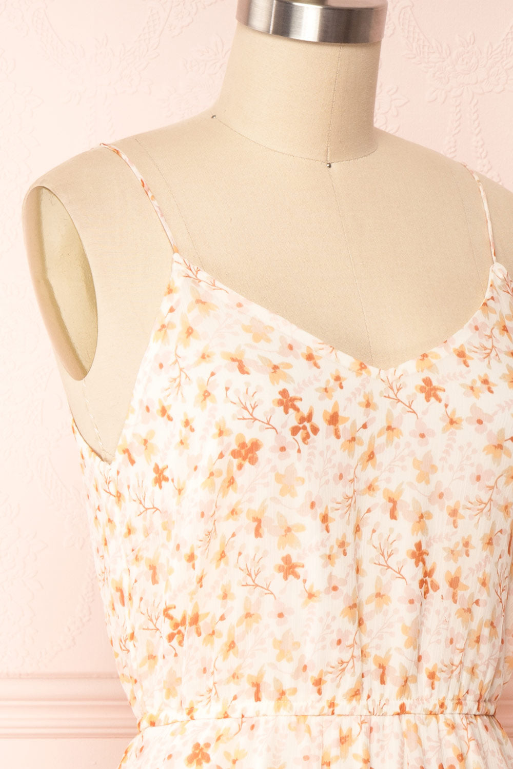 Stine Cream Short Floral Dress w/ Thin Straps | Boutique 1861 side close up