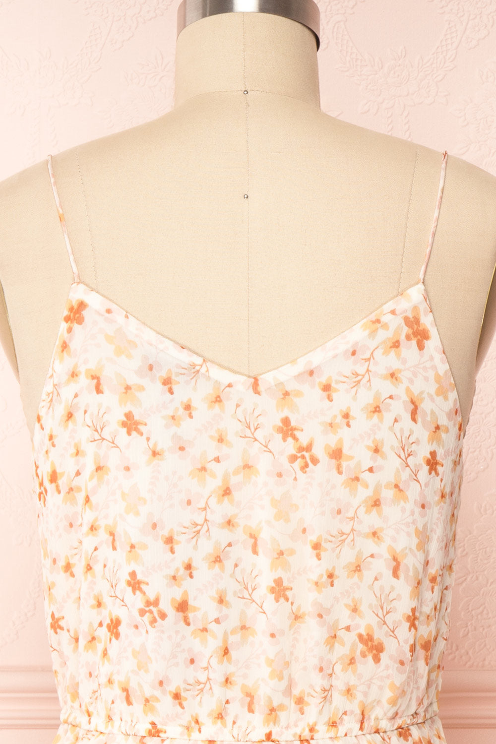 Stine Cream Short Floral Dress w/ Thin Straps | Boutique 1861 back close up