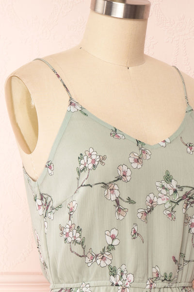 Stine Mint Short Floral Dress w/ Thin Straps | Boutique 1861 side close up