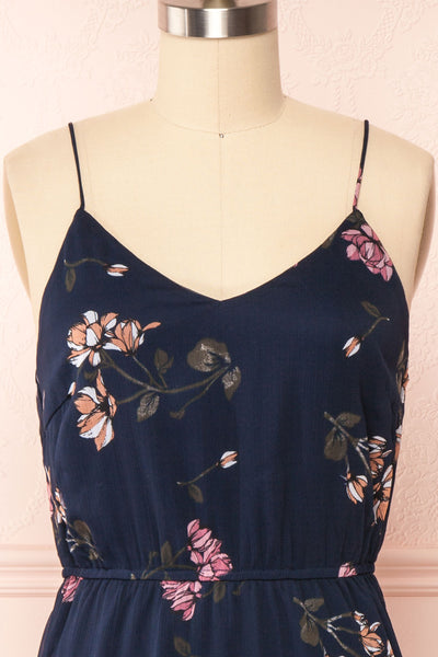 Stine Navy Short Floral Dress w/ Thin Straps | Boutique 1861 front close up