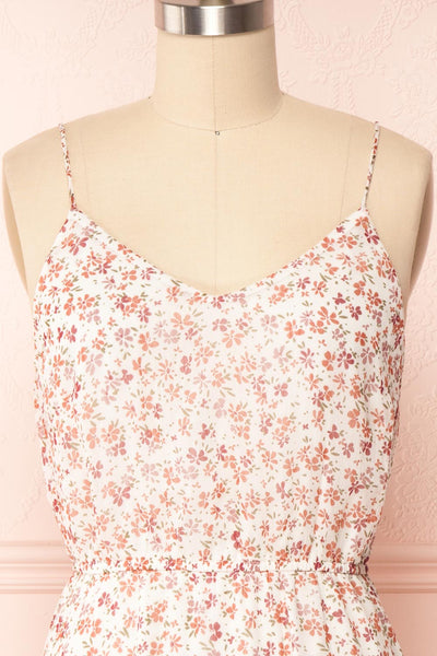 Stine White Short Floral Dress w/ Thin Straps | Boutique 1861 front close up