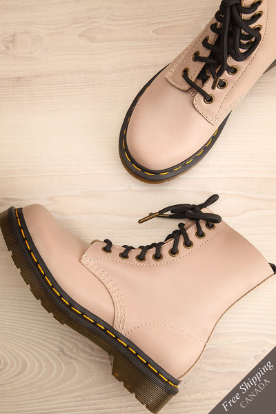 Stourbridge Taupe Leather Dr. Martens Boots flat lay | La Petite Garçonne