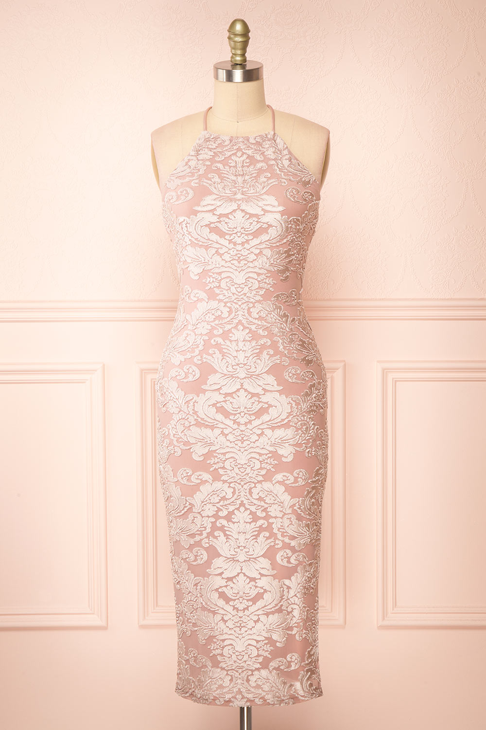 Styel Pink Textured Halter Midi Dress | Boutique 1861 front view 