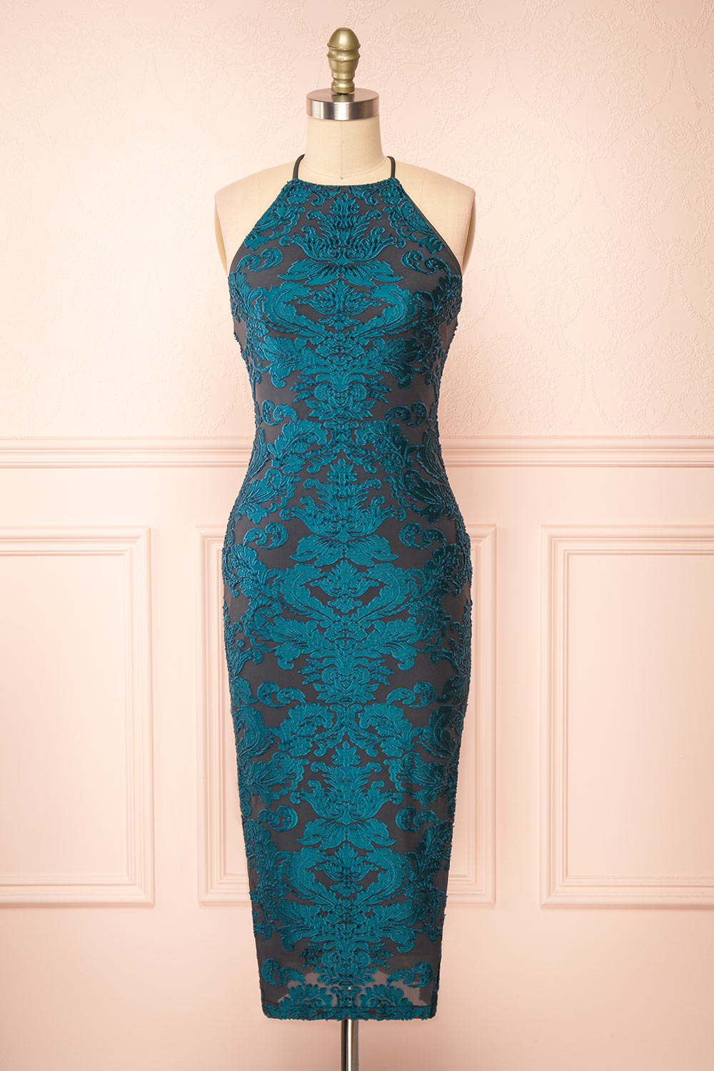 Styel Teal Textured Halter Midi Dress | Boutique 1861 front view 
