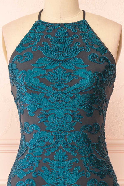 Styel Teal Textured Halter Midi Dress | Boutique 1861 front close-up