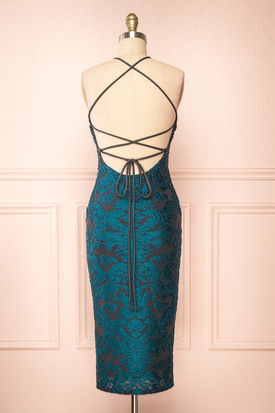 Styel Teal Textured Halter Midi Dress | Boutique 1861 back view