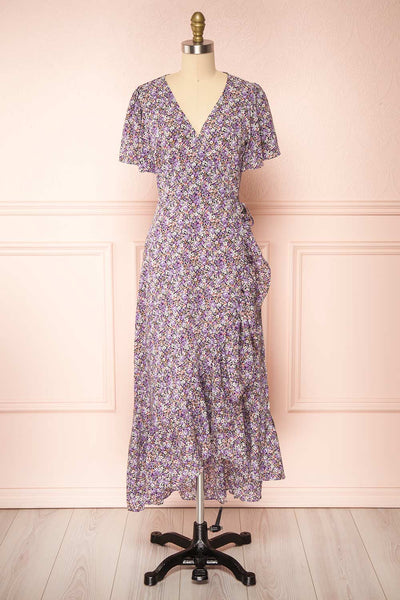 Sueli Purple Short Sleeve Floral Maxi Wrap Dress | Boutique 1861 front view