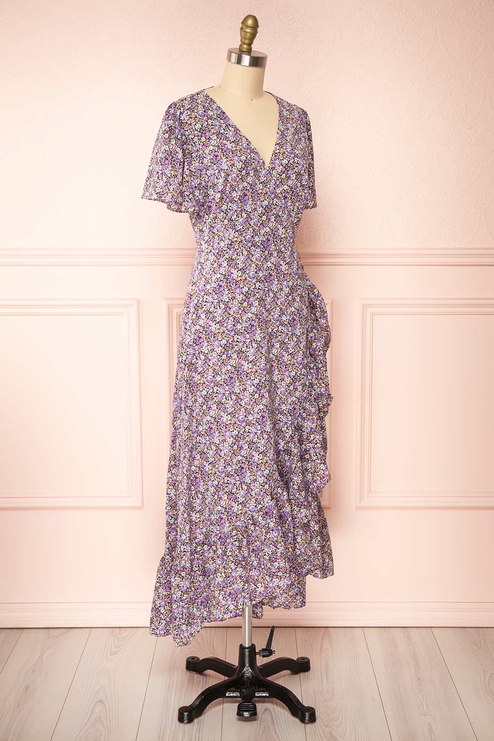 Sueli Purple Short Sleeve Floral Maxi Wrap Dress | Boutique 1861 side view 