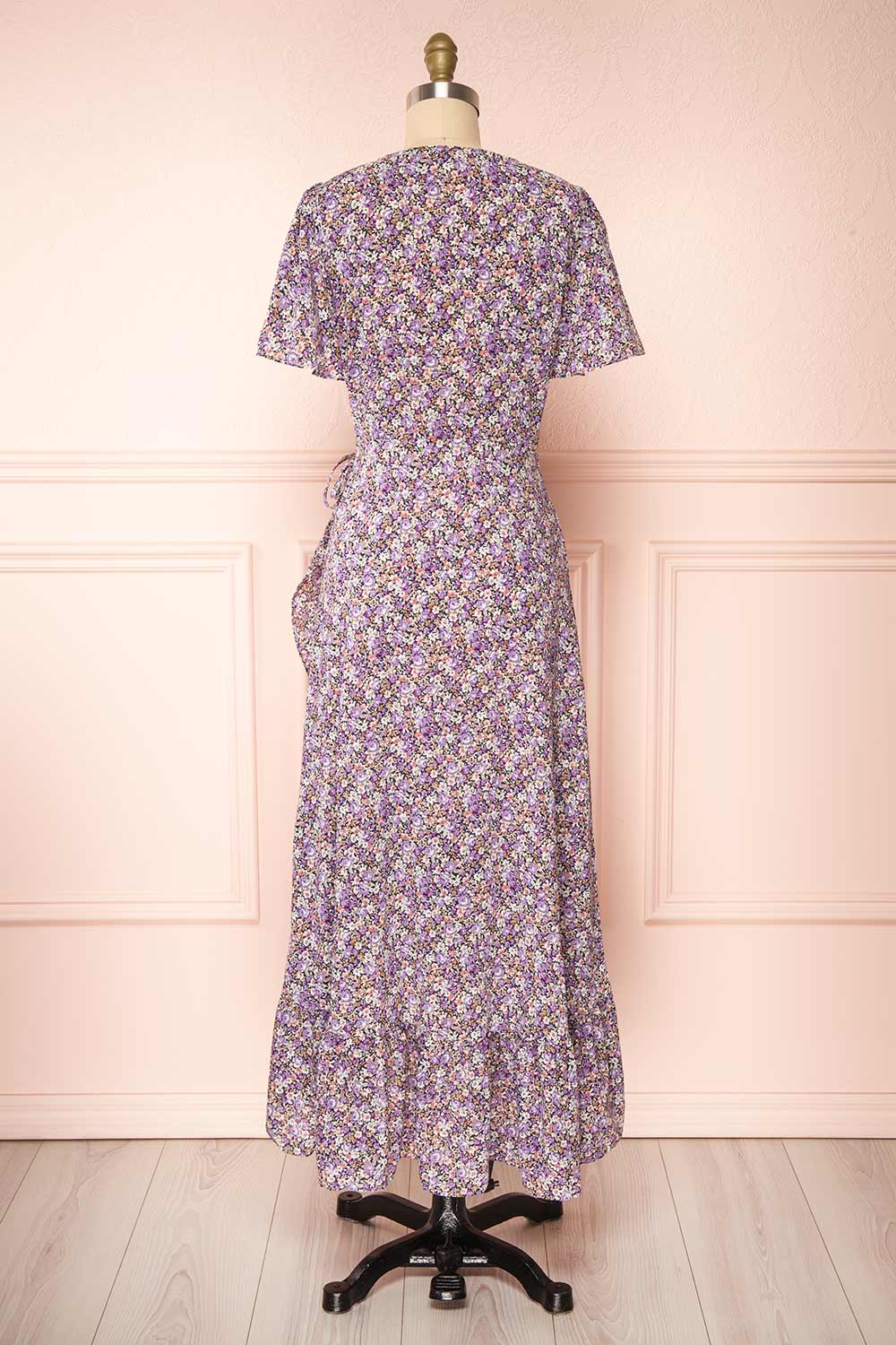 Sueli Purple Short Sleeve Floral Maxi Wrap Dress | Boutique 1861 back view 