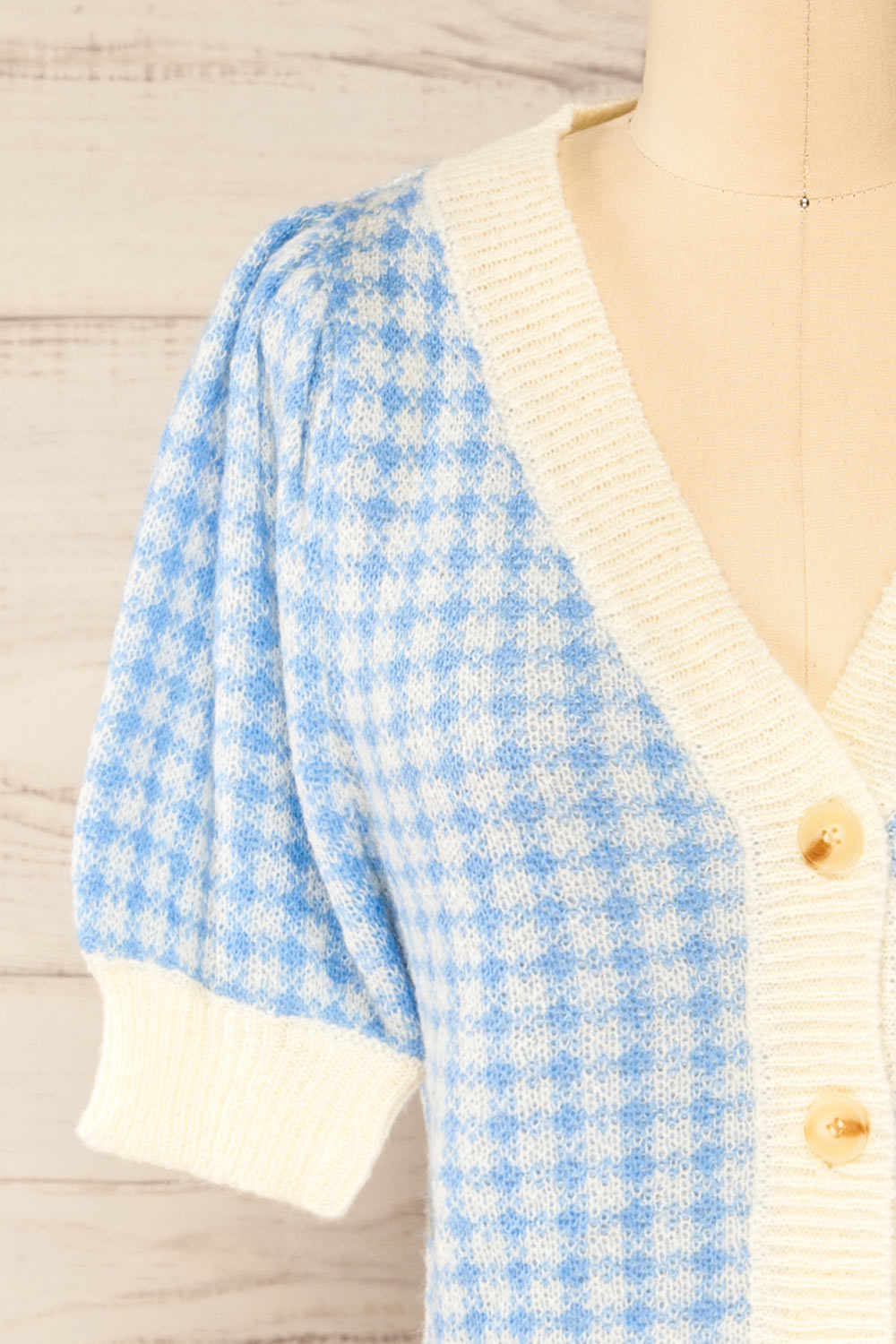 Sveti Blue Cropped Cardigan w/ Puff Sleeves | La petite garçonne front close-up