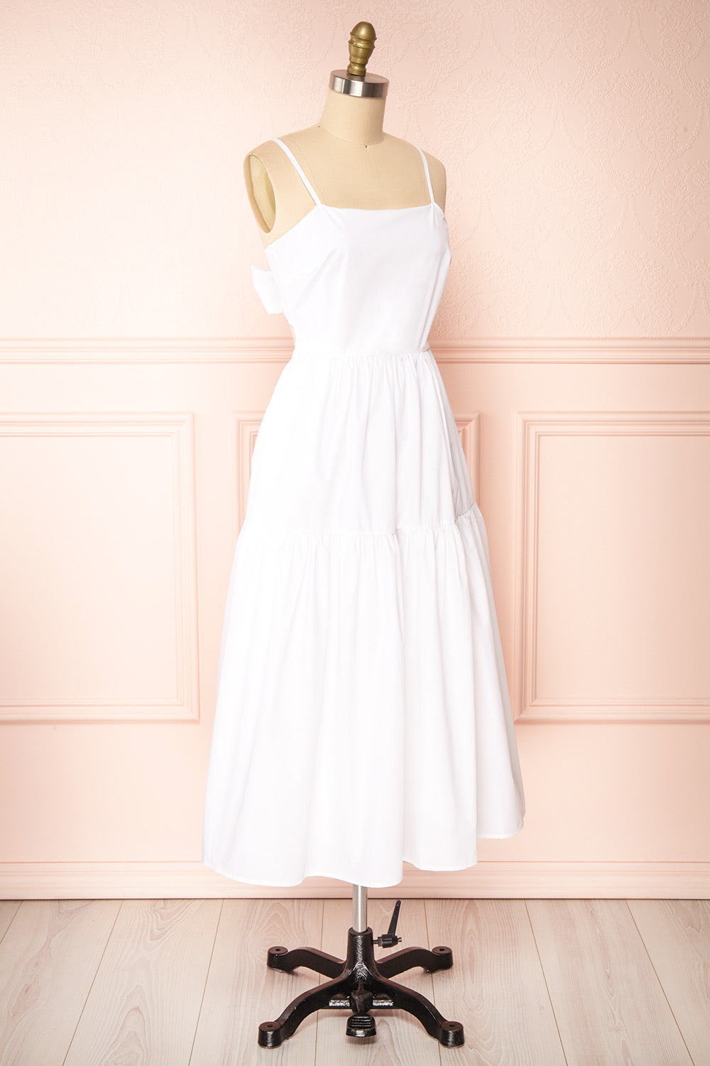 Syke White Tiered Midi Dress with Open Back | Boutique 1861 side view 