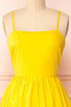 Syke Yellow Tiered Midi Dress w/ Open Back | Boutique 1861 front close-up