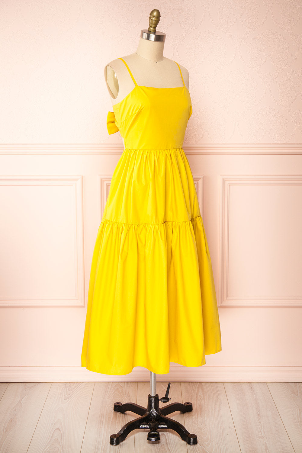 Syke Yellow Tiered Midi Dress w/ Open Back | Boutique 1861 side view 