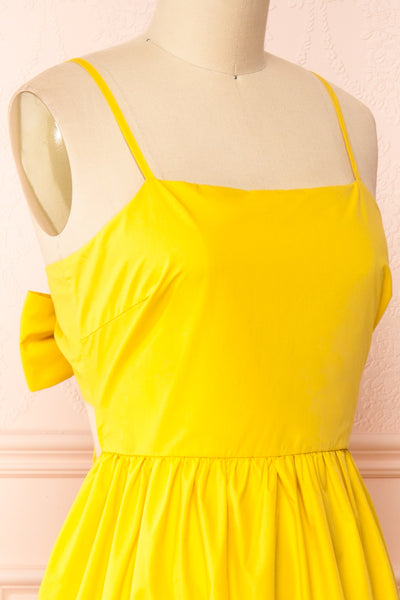 Syke Yellow Tiered Midi Dress w/ Open Back | Boutique 1861 side close-up