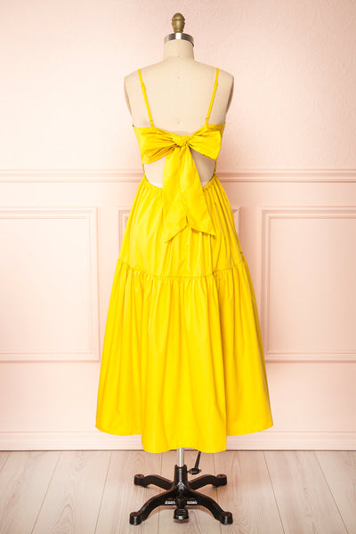 Syke Yellow Tiered Midi Dress w/ Open Back | Boutique 1861 back view