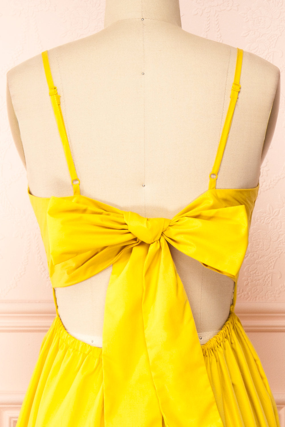 Syke Yellow Tiered Midi Dress w/ Open Back | Boutique 1861 back close-up