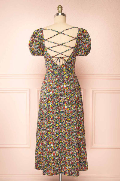 Syrniki Black Floral Midi Dress w/ Puff Sleeves| Boutique 1861 back view