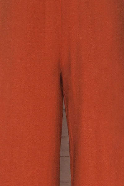 Szandra Burnt Orange Wide Leg Jumpsuit fabric | La petite garçonne