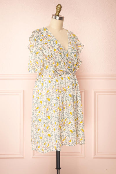 Tabako Pink Short Sleeve Floral V-Neck Dress | Boutique 1861  side view