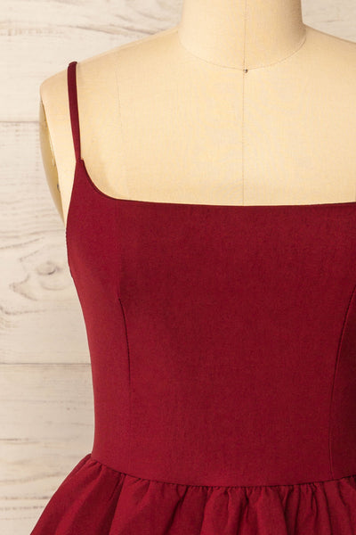Tallemaja Burgundy Short Tiered A-Line Dress | La Petite Garçonne  front close-up