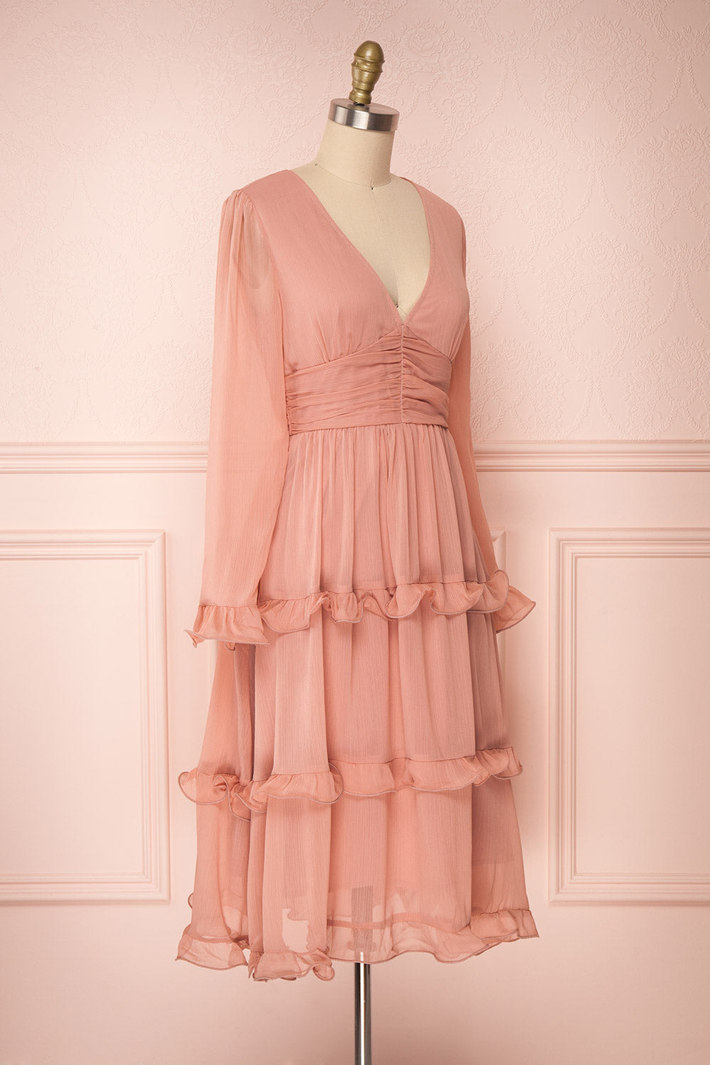 Tamara Dusty Pink A-Line Midi Dress with Ruffles | Boutique 1861 side view 