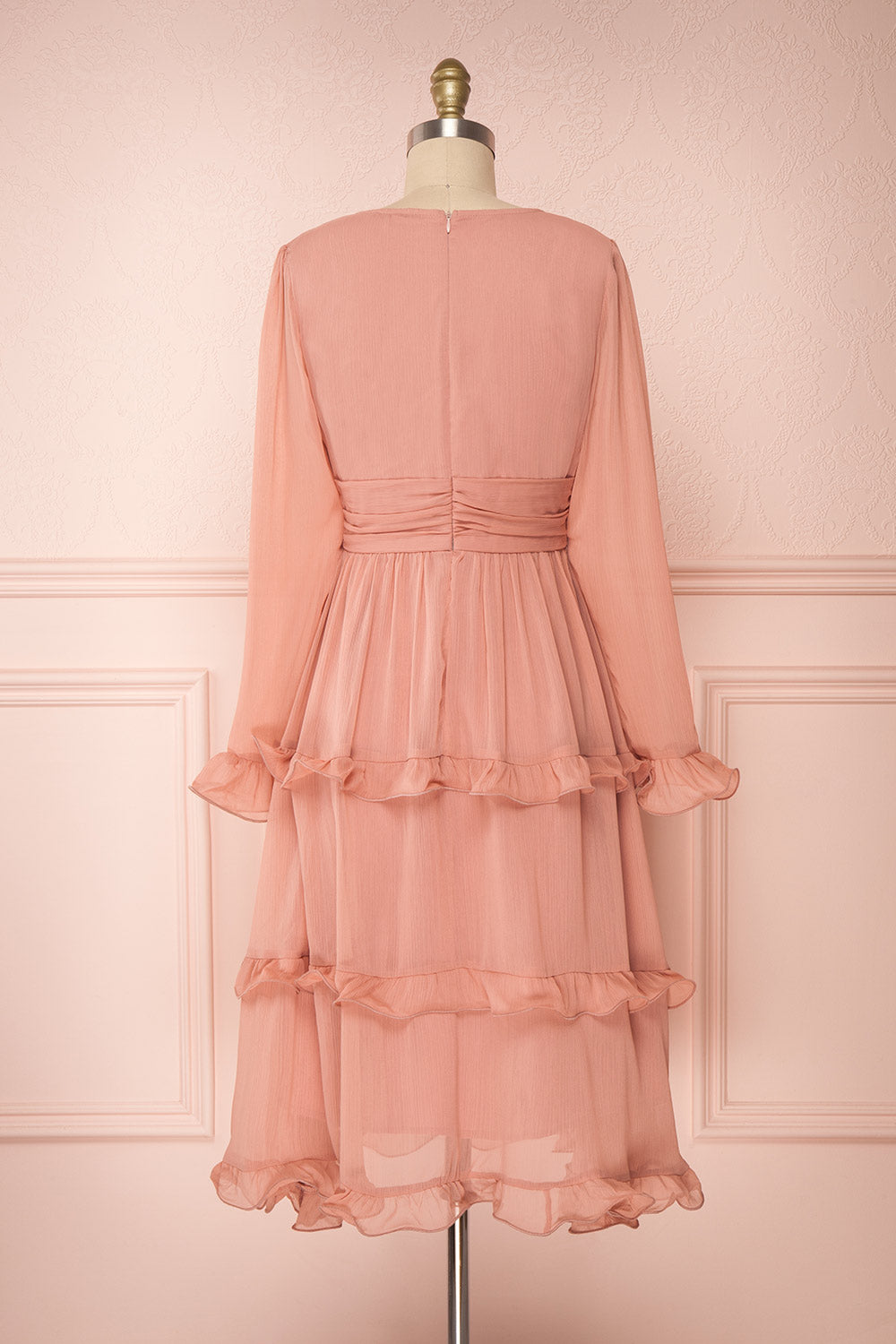 Tamara Dusty Pink A-Line Midi Dress with Ruffles | Boutique 1861 back view 