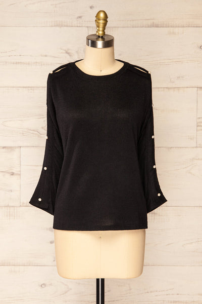Tampa Black Sweater with Pearl Buttons on the Sleeves | La petite garçonne front view