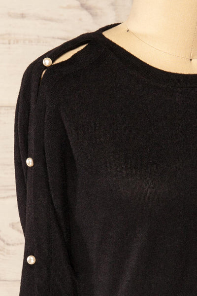 Tampa Black Sweater with Pearl Buttons on the Sleeves | La petite garçonne side close-up