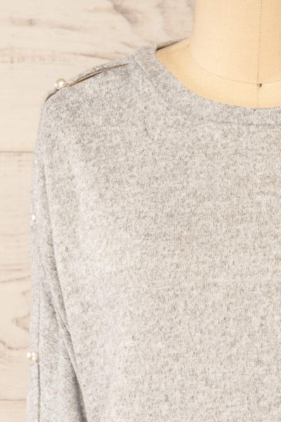 Tampa Grey Sweater with Pearl Buttons on the Sleeves | La petite garçonne front close-up