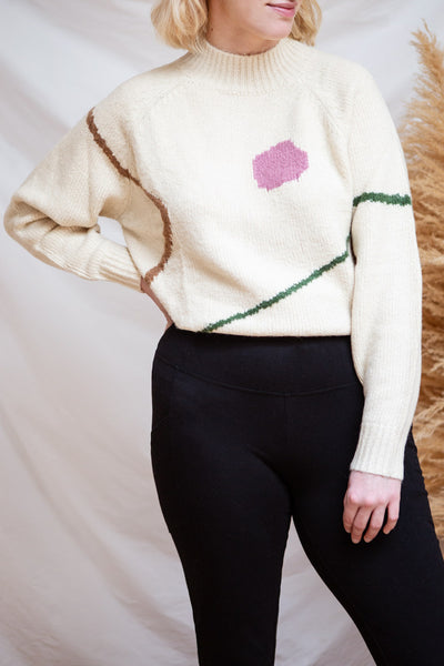 Tampere Beige Abstract Printed Knit Sweater | La petite garçonne model