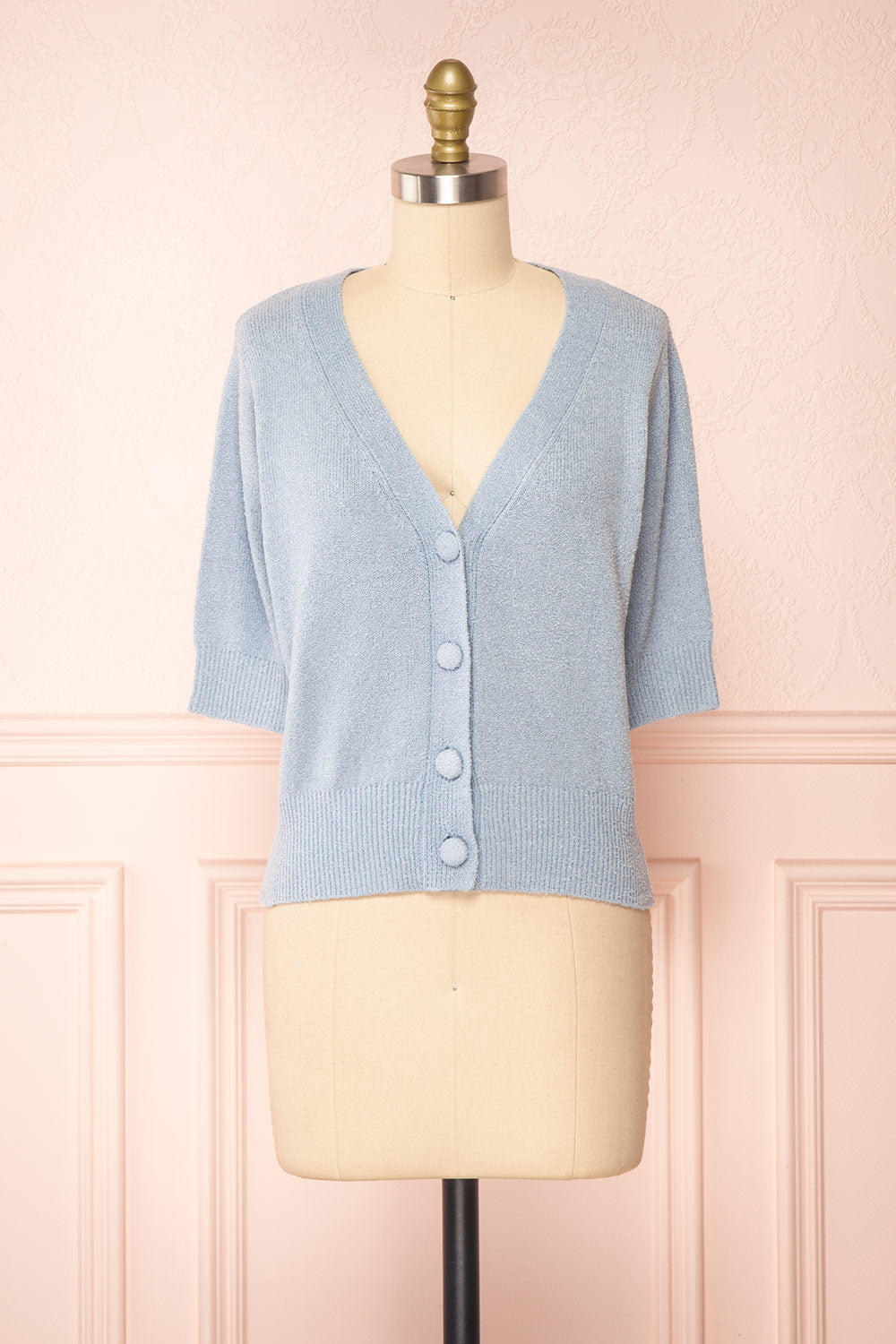 Tansy Blue Ribbed Knit Button-Up Top | Boutique 1861 front view 