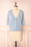 Tansy Blue Ribbed Knit Button-Up Top | Boutique 1861 front view