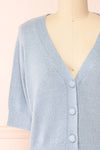 Tansy Blue Ribbed Knit Button-Up Top | Boutique 1861 front close-up