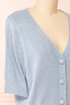 Tansy Blue Ribbed Knit Button-Up Top | Boutique 1861 side close-up