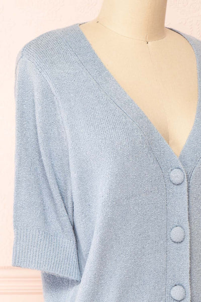 Tansy Blue Ribbed Knit Button-Up Top | Boutique 1861 side close-up