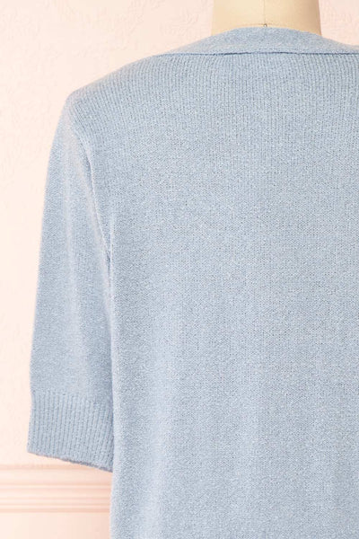 Tansy Blue Ribbed Knit Button-Up Top | Boutique 1861 back close-up